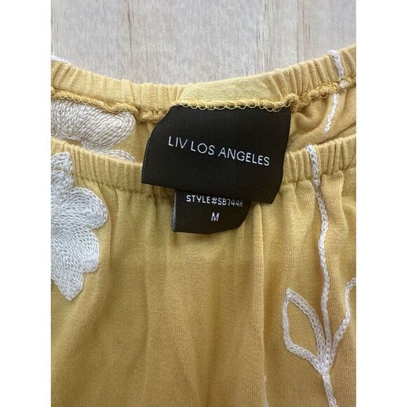 LIV Los Angeles YellowPeasant Top Boho Blouse Size Medium Flower Embroidery Fall - Picture 3 of 7